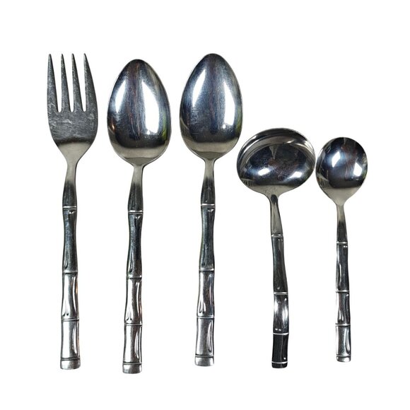 Reed & Barton Bamboo Flatware Serving Hostess Set 5-Piece Stainless Steel Japan - Picture 1 of 3